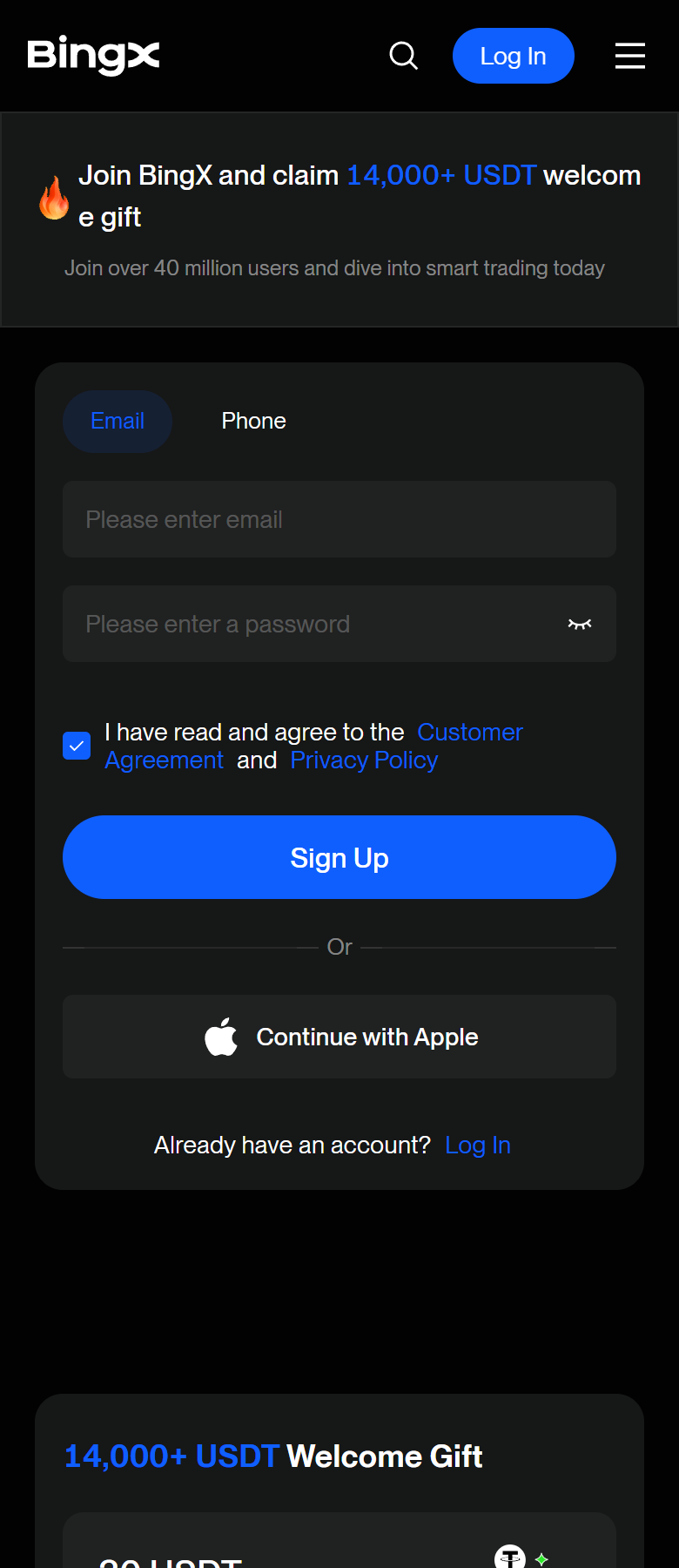 BingX mobile sign-up page