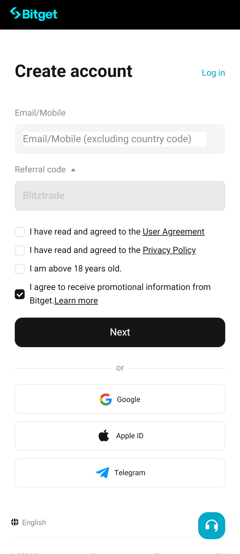 Bitget mobile sign-up page